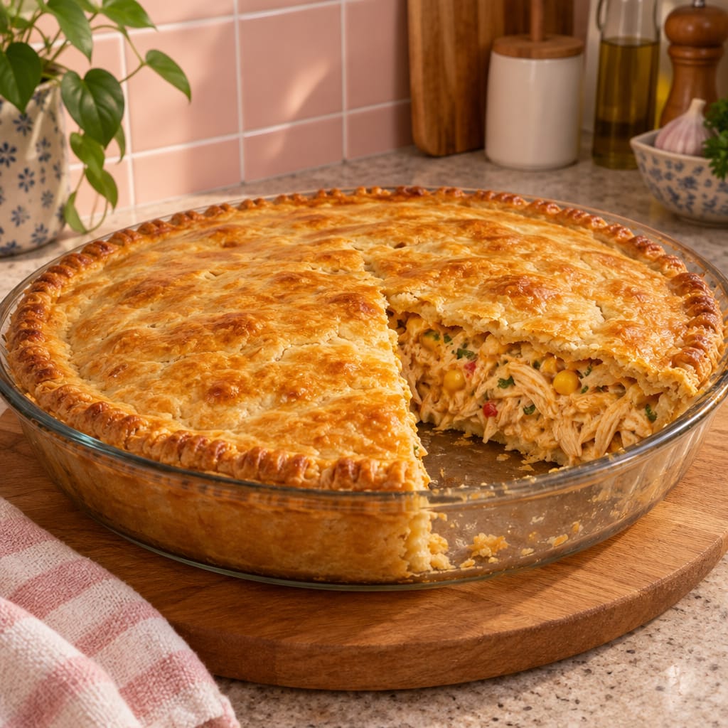 Torta salgada de frango em travessa de vidro, com uma fatia cortada