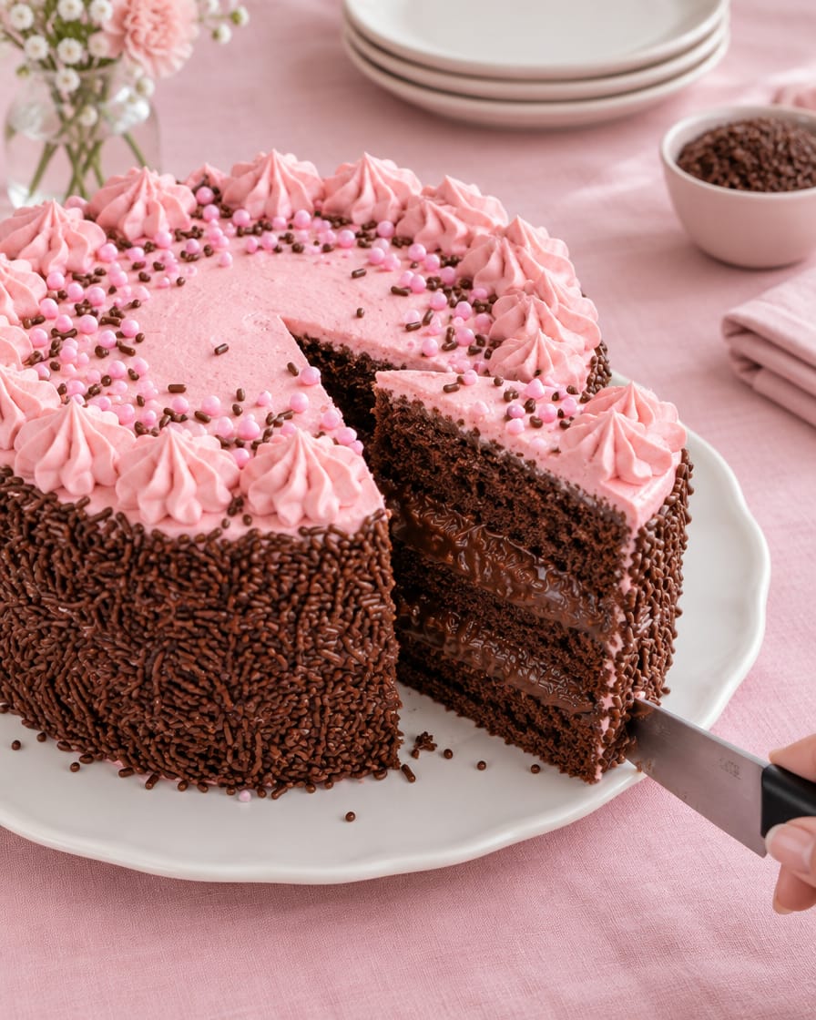 Fatia de bolo de aniversário de chocolate com recheio de brigadeiro