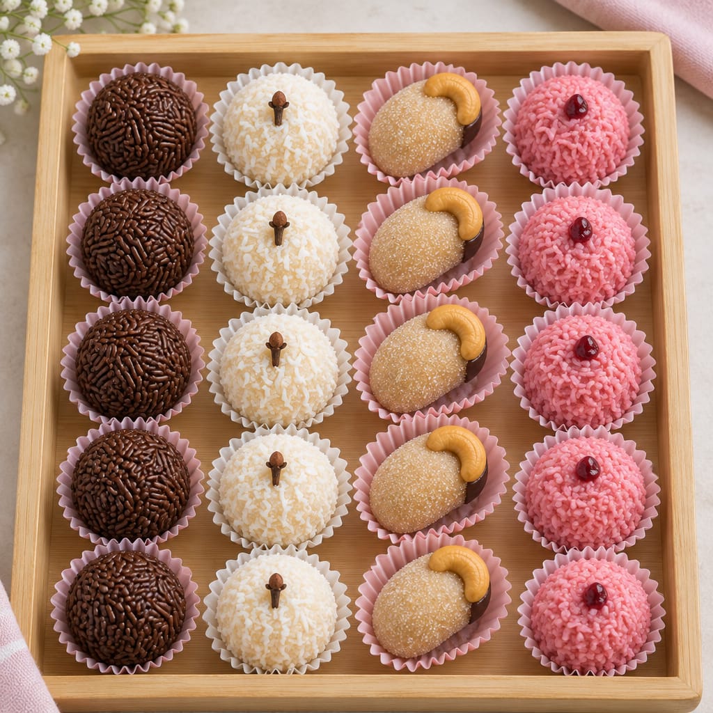 Bandeja de docinhos de festa: brigadeiro, beijinho, cajuzinho e bicho de pé em forminhas